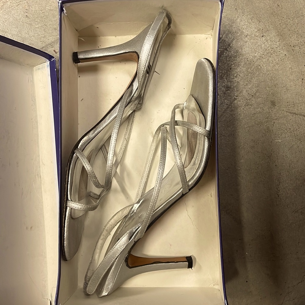 Stuart Weitzman, strappy silver sandals, 11.5 M.